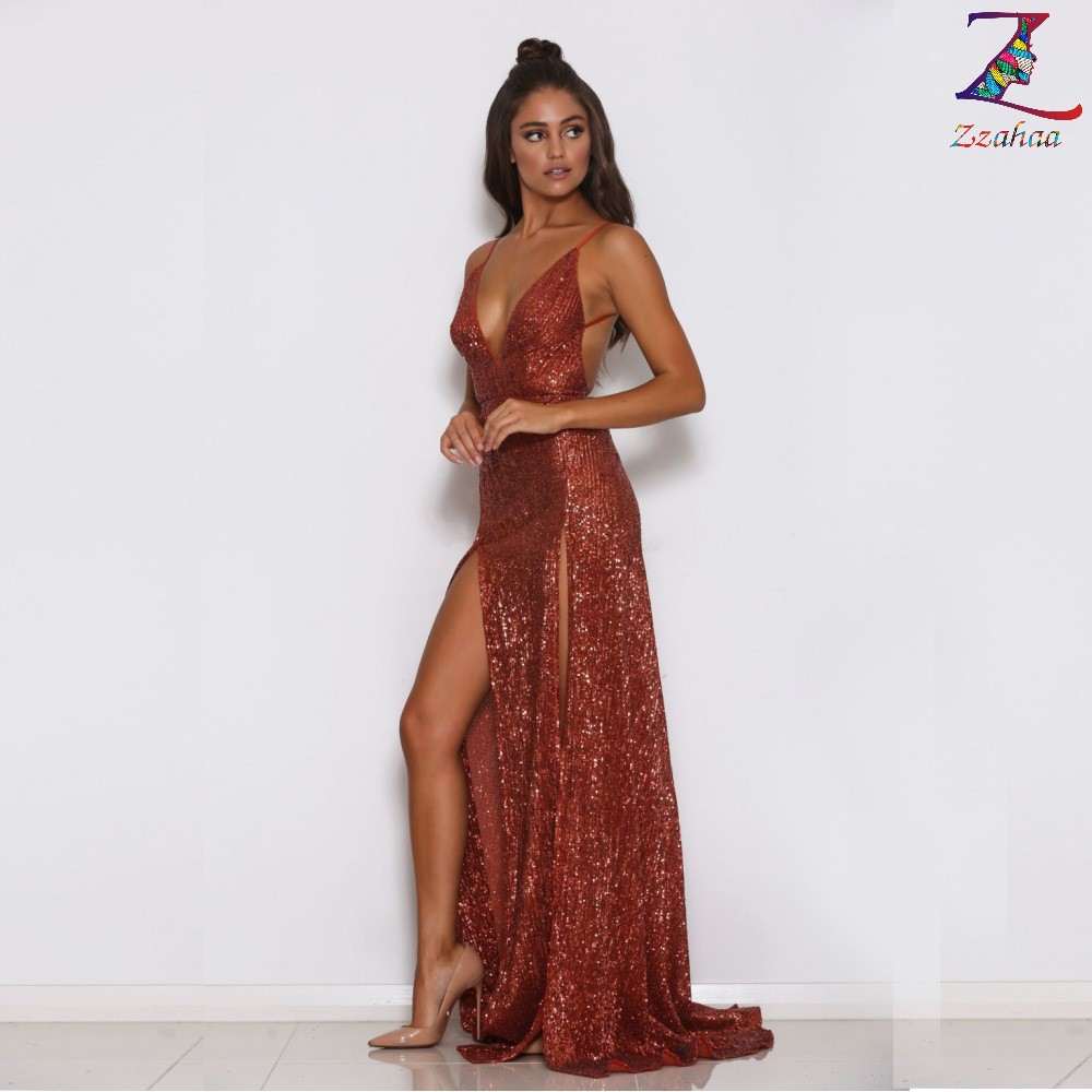 Crimson Red Backless V- Neck Strap Sequin Evening Gowns