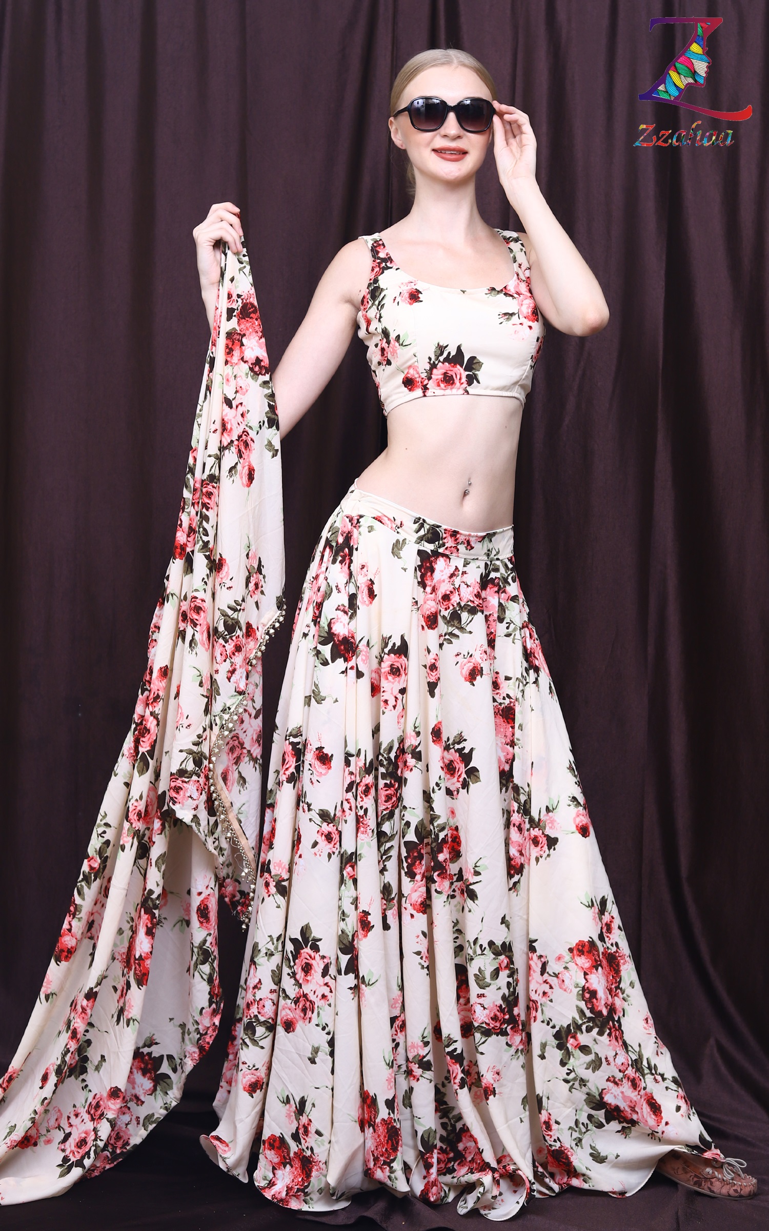 Floral Print Party Wear White Color lehenga 