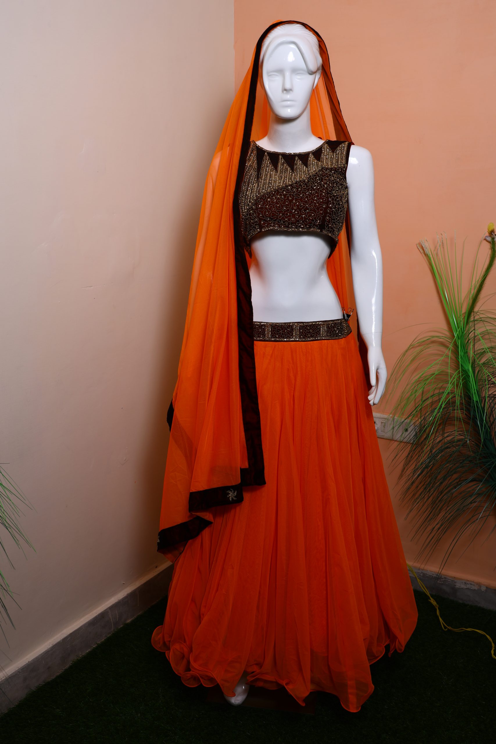 Ready To Wear Dark Brown & Orange Light Weight Heavy Flair Party Wear Lehenga