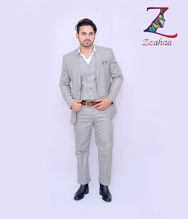 Men Grey Designer check print cotton Formal Slim Fit 3pcs Designer Suit (Coat, Pant &  Waistcoat)