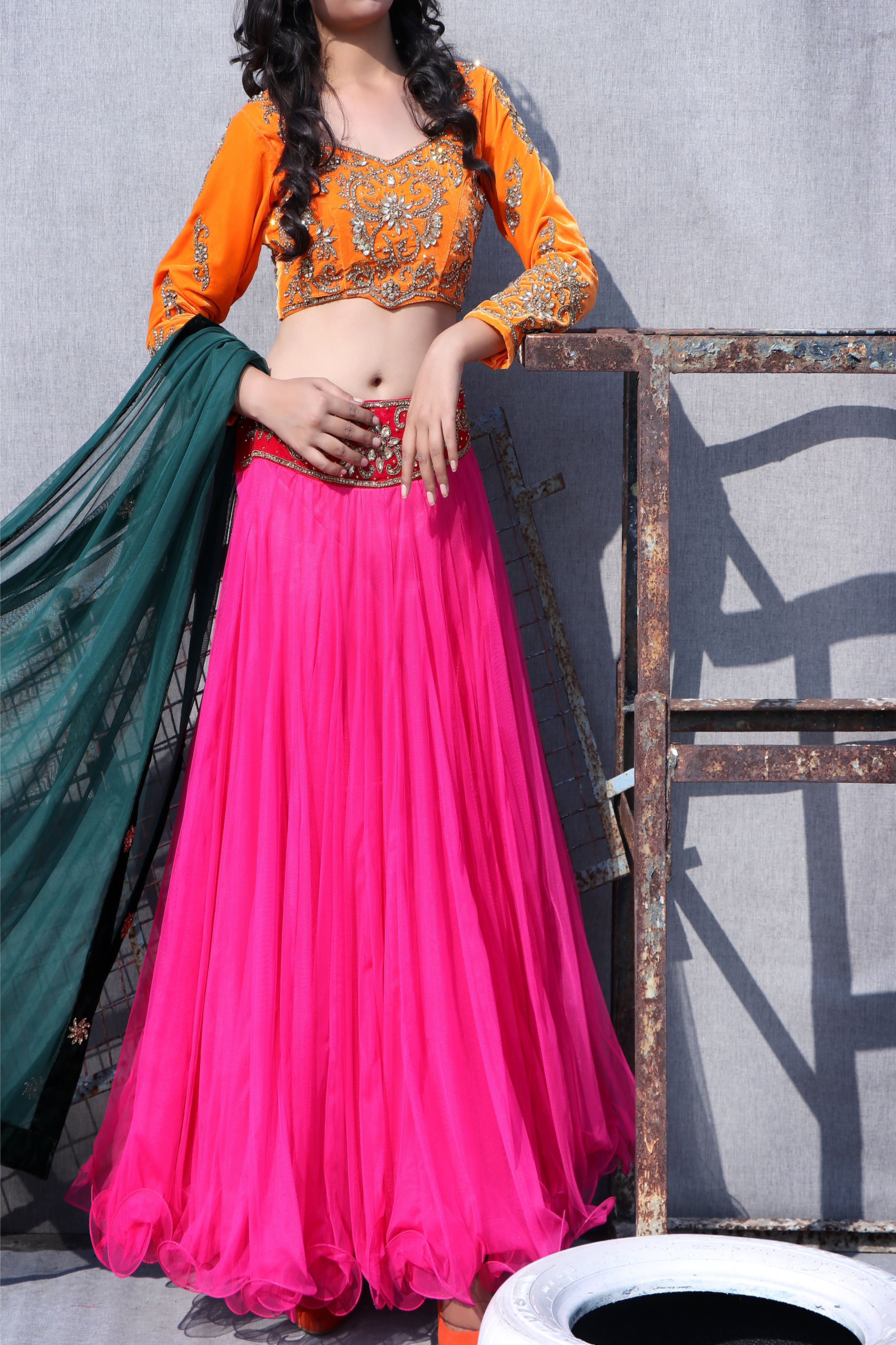 Pink Orange Lehenga With Full Sleeve Designer Blouse In Embroidery And Stone Handmade Work