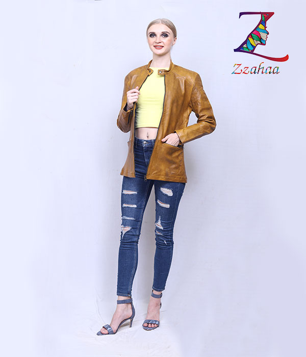 Ochre Color Female Leather Jacket