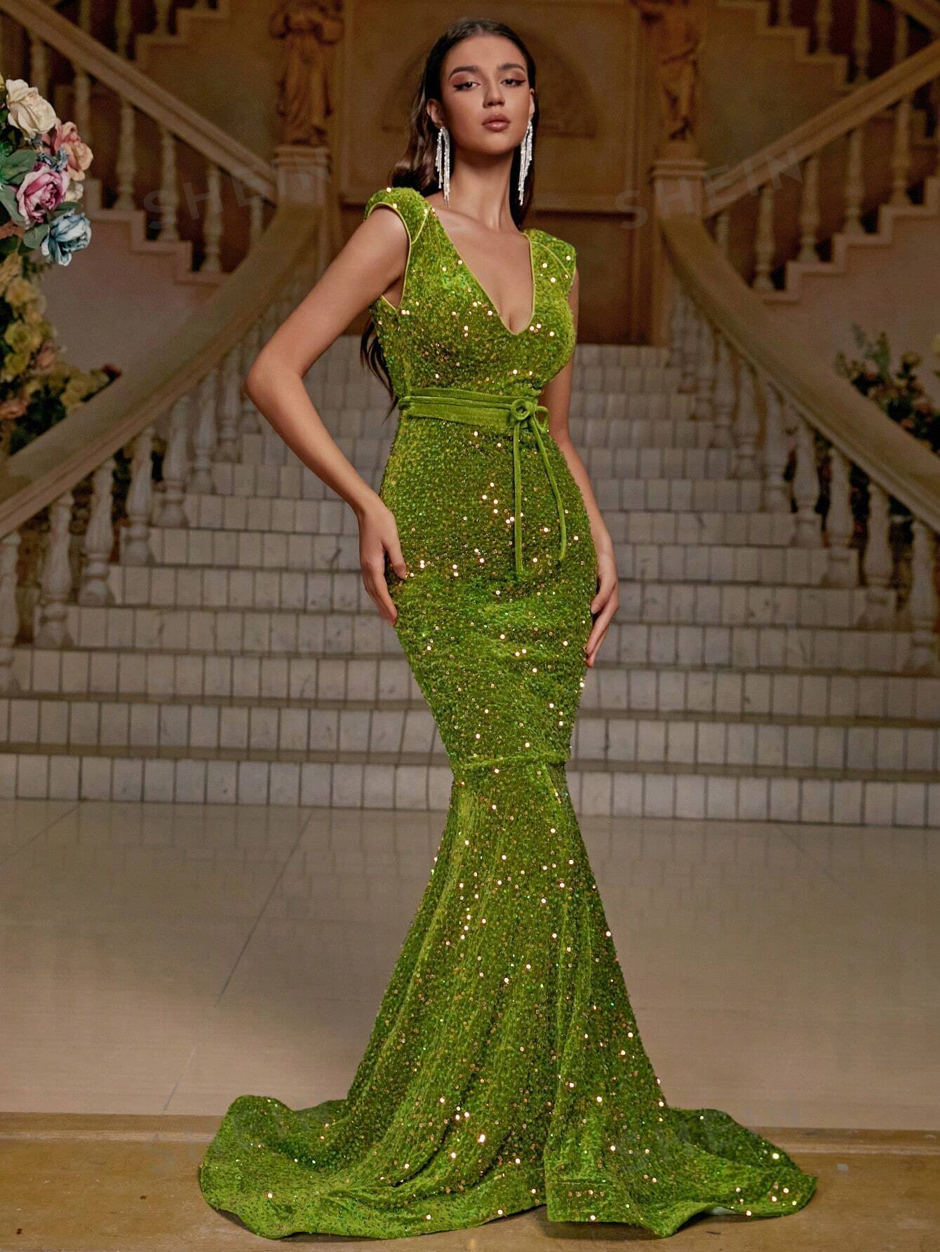 ZZAHAA Plunging Neck Mermaid Hem Sequin Prom Dress