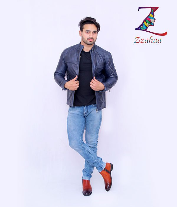 Blue Shoulder Weave design Leather Jackets