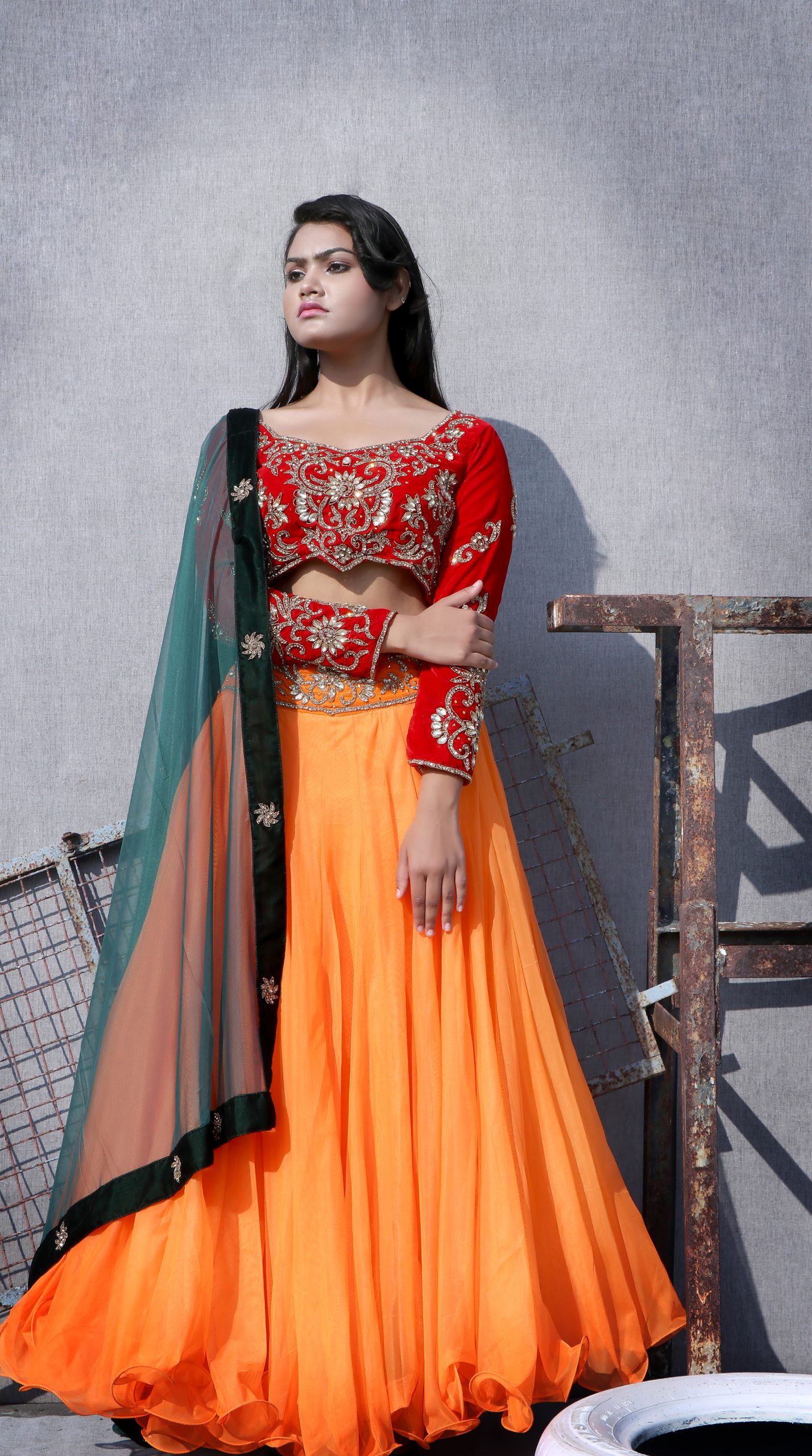 Orange Red Green Multi Combination Lehenga With Full Sleeve Designer Blouse In Stone Handmade Work