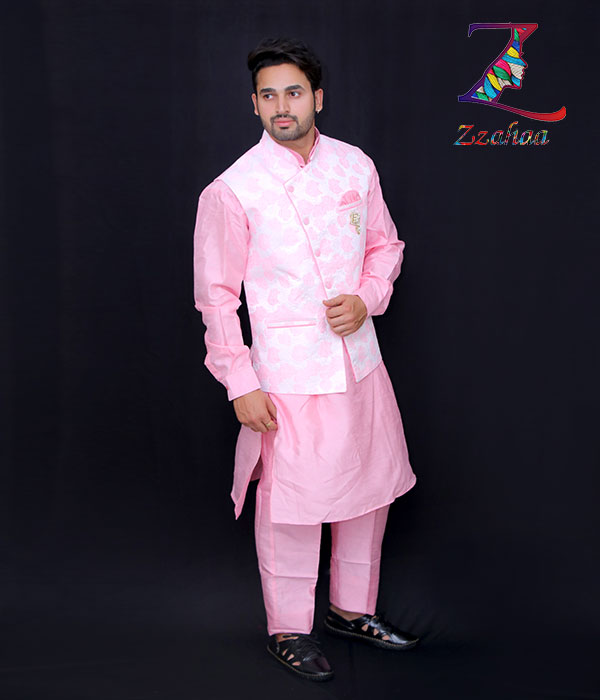 Pink White embroidery embossing Indo Western Kurta pant with waistcoat