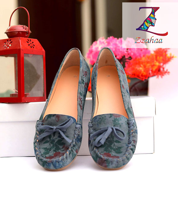 Floral NAVY Goat Shish matt Suede leather Natural Ballerinas