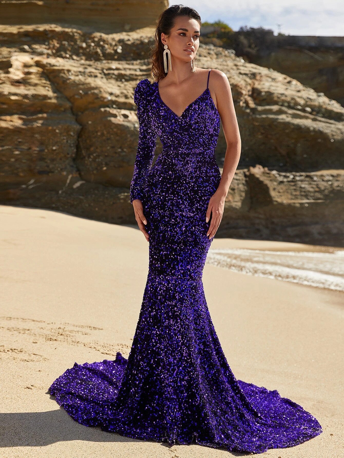 Sequin Prom Gown with Asymmetrical Neckline